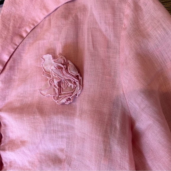 Pure linen pink blouse rhinestone buttons Floral Rose Detail size large - Picture 6 of 10